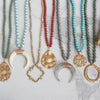 Long Wooden Bead Necklace with gold circle - gray