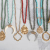 Long Wooden Bead Necklace with gold circle - brown taupe