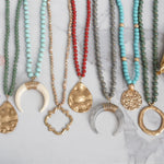 Long Wooden Bead Necklace with gold circle - brown taupe