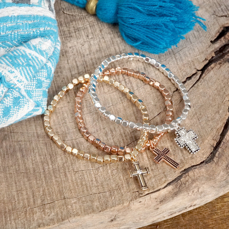 Cross stretchy western style bracelet set - Silver Gold tone