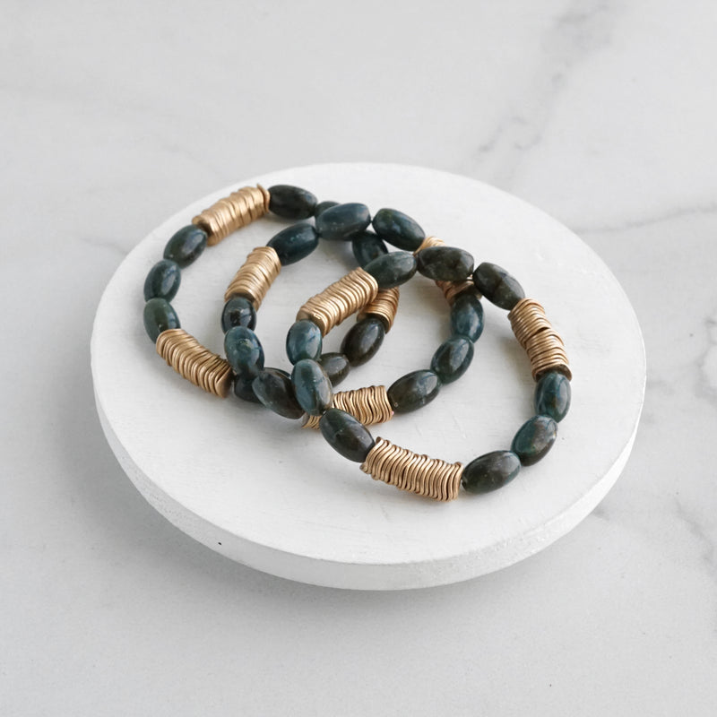 Marbled Glass Oval Beads Stack of 3 bracelets with golden discs Boho Bracelet Set