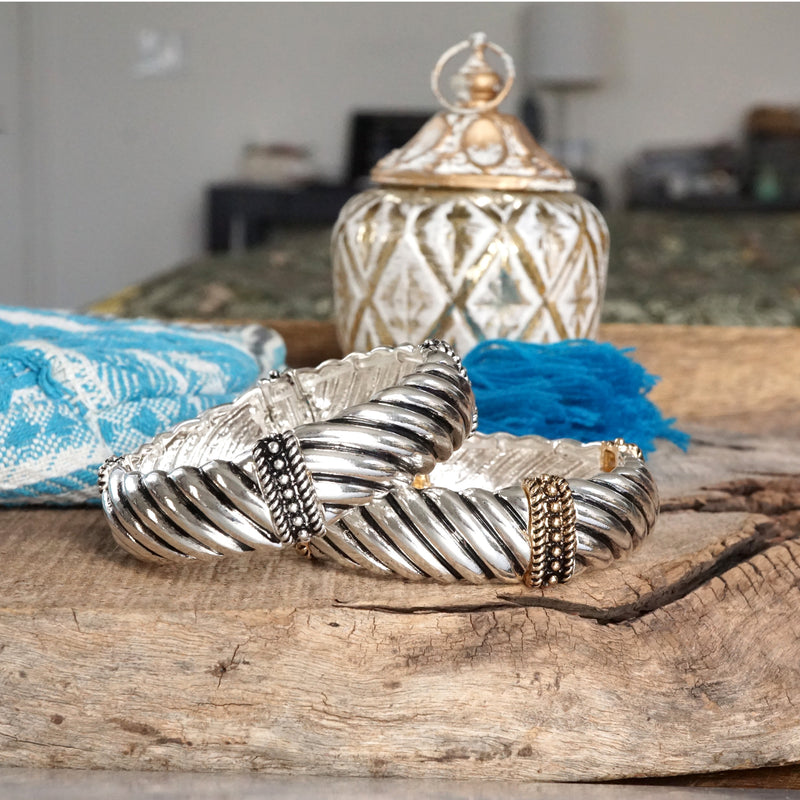 The Turning Point – Chunky Textured Stretchy Bangle in Silver or Two-Tone