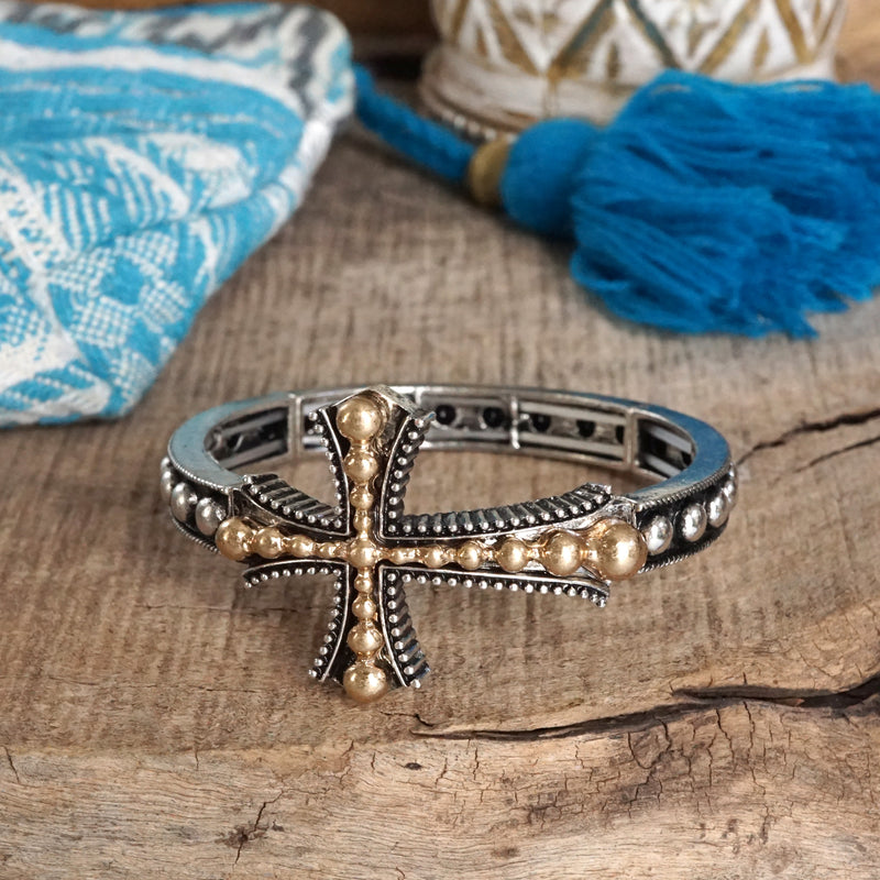 Cross Stretchy Western Style Bangle Bracelet – Silver or Gold Tone