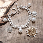 Boho Coin and Pearl Charms Statement Bracelet – Gold and Silver Tone