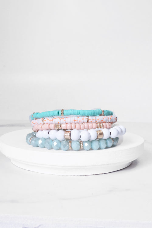 Summer Fresh Mint Pink White stack clay glass wood beads bracelets set
