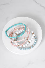 Summer Fresh Mint Pink White stack clay glass wood beads bracelets set