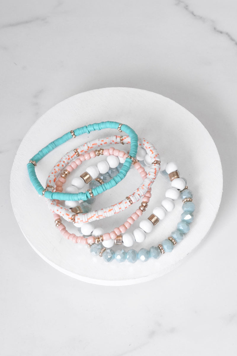 Summer Fresh Mint Pink White stack clay glass wood beads bracelets set