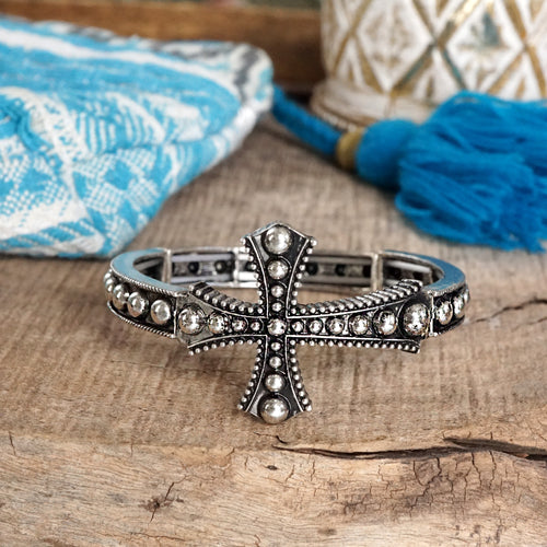 Cross Stretchy Western Style Bangle Bracelet – Silver or Gold Tone