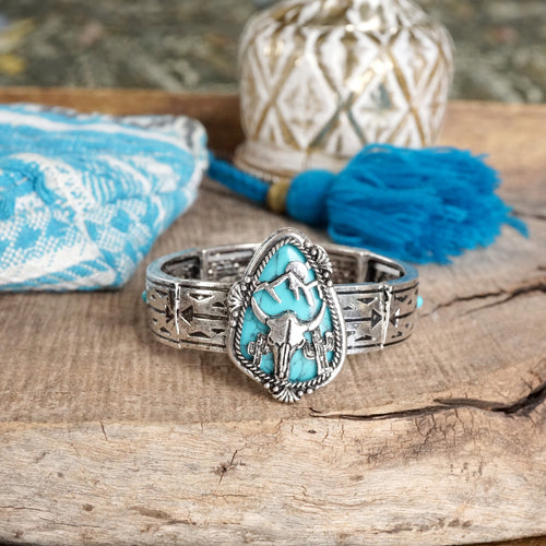 Western Cowgirl Bull Head Statement Bangle Bracelet – Silver & Turquoise