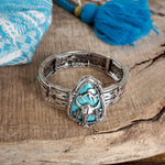 Western Cowgirl Bull Head Statement Bangle Bracelet – Silver & Turquoise