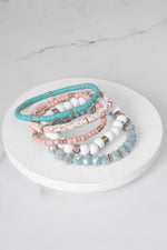 Summer Fresh Mint Pink White stack clay glass wood beads bracelets set