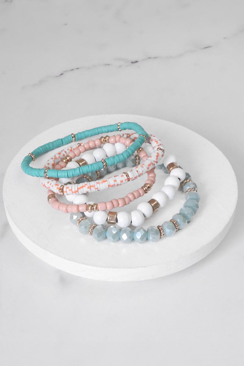 Summer Fresh Mint Pink White stack clay glass wood beads bracelets set