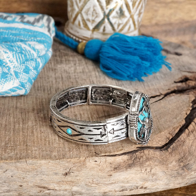 Western Cowgirl Bull Head Statement Bangle Bracelet – Silver & Turquoise