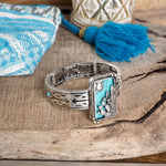 Western Cowgirl Cactus Statement Bangle Bracelet – Silver & Turquoise