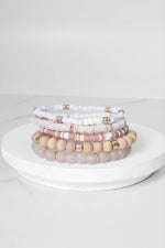 Summer Neutrals Cream Beige White stack clay glass wood beads bracelets set