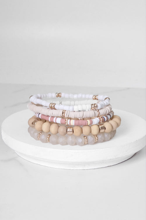 Summer Neutrals Cream Beige White stack clay glass wood beads bracelets set