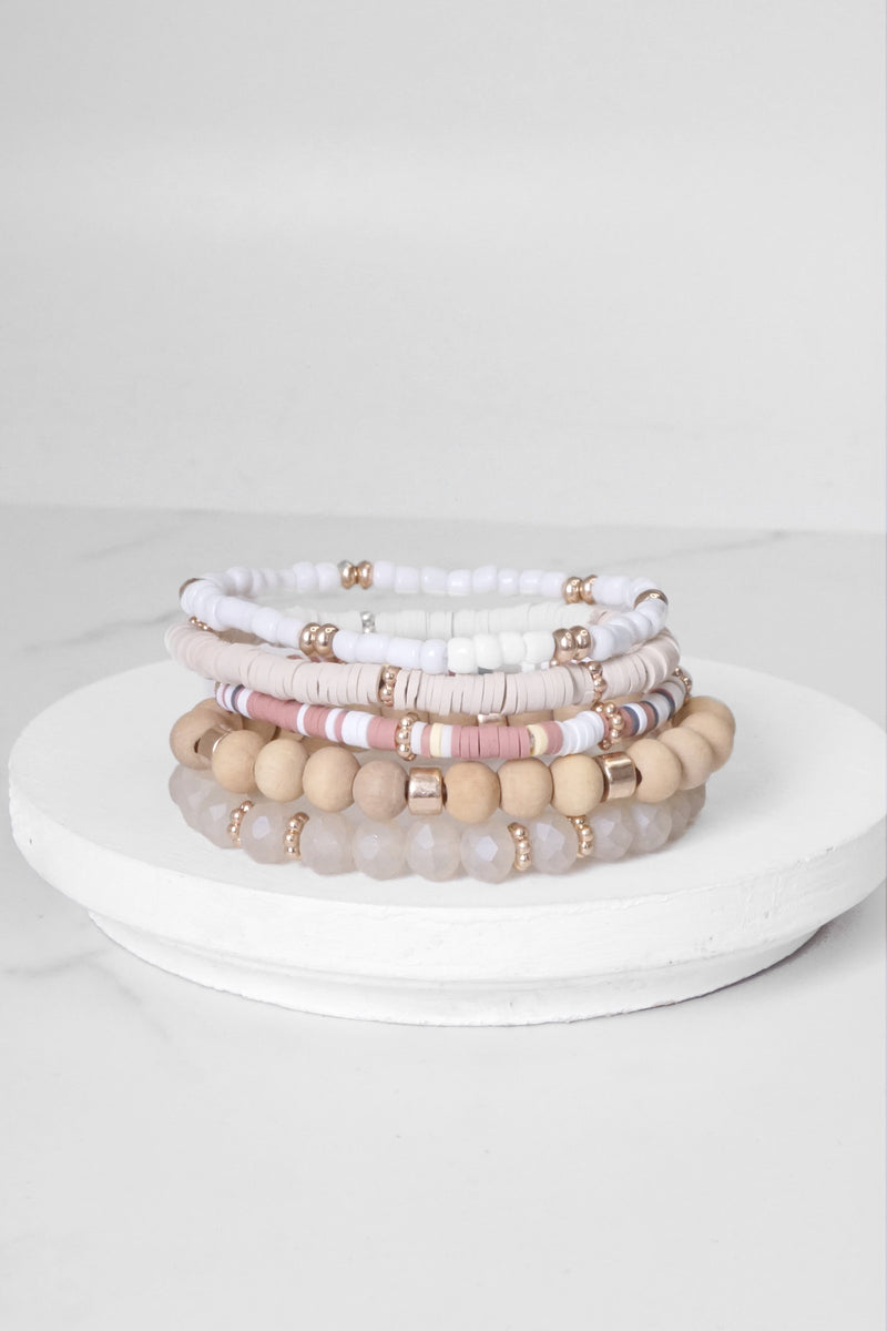 Summer Neutrals Cream Beige White stack clay glass wood beads bracelets set
