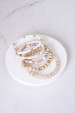 Summer Neutrals Cream Beige White stack clay glass wood beads bracelets set