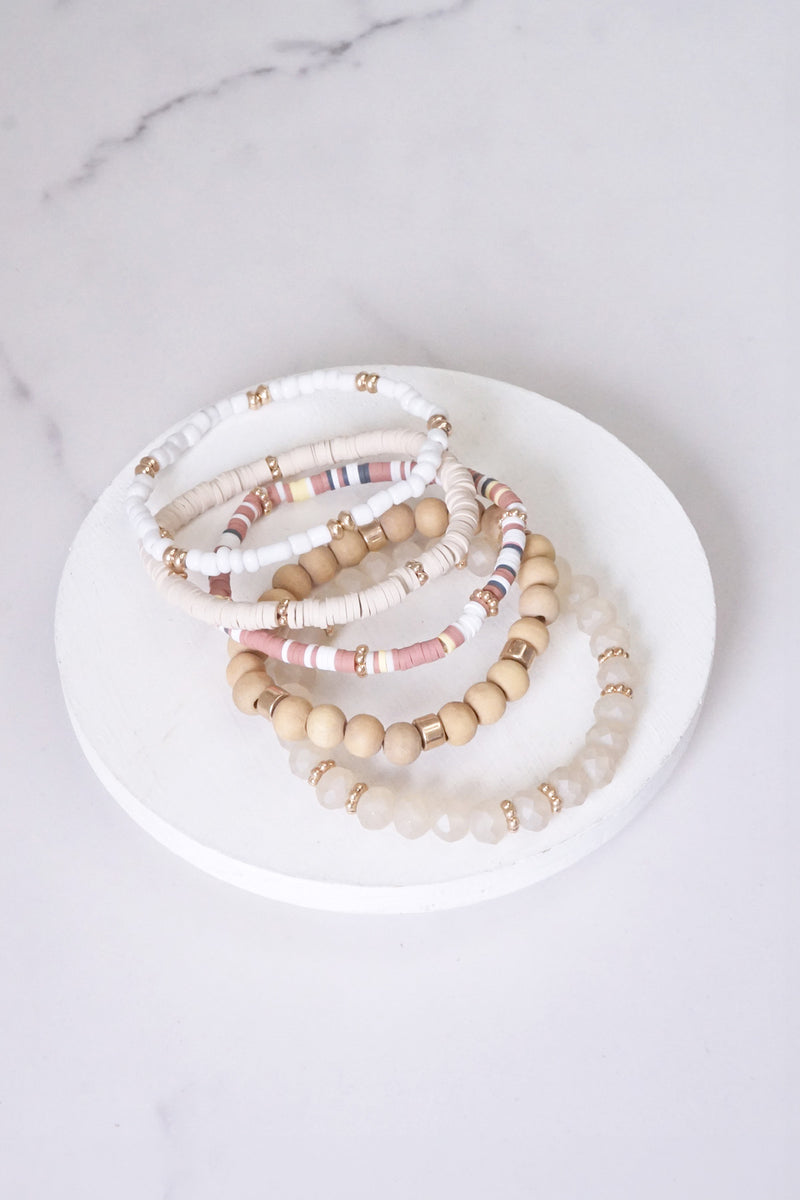 Summer Neutrals Cream Beige White stack clay glass wood beads bracelets set