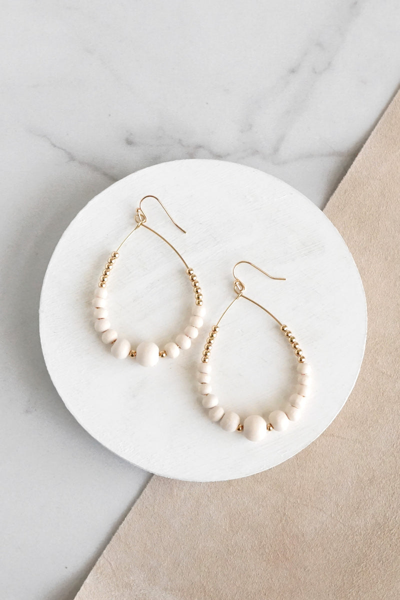 Natural Wood & Gold Beaded Teardrop Hoop Earrings in Cream