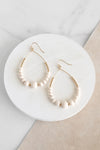 Natural Wood & Gold Beaded Teardrop Hoop Earrings in Cream