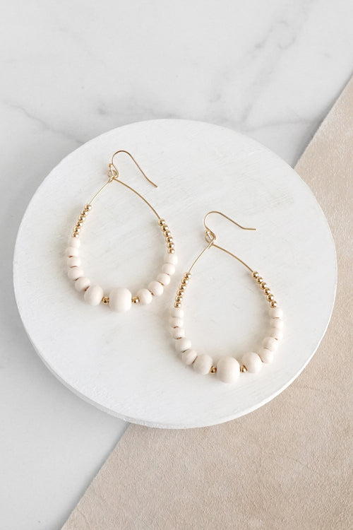 Natural Wood & Gold Beaded Teardrop Hoop Earrings in Cream