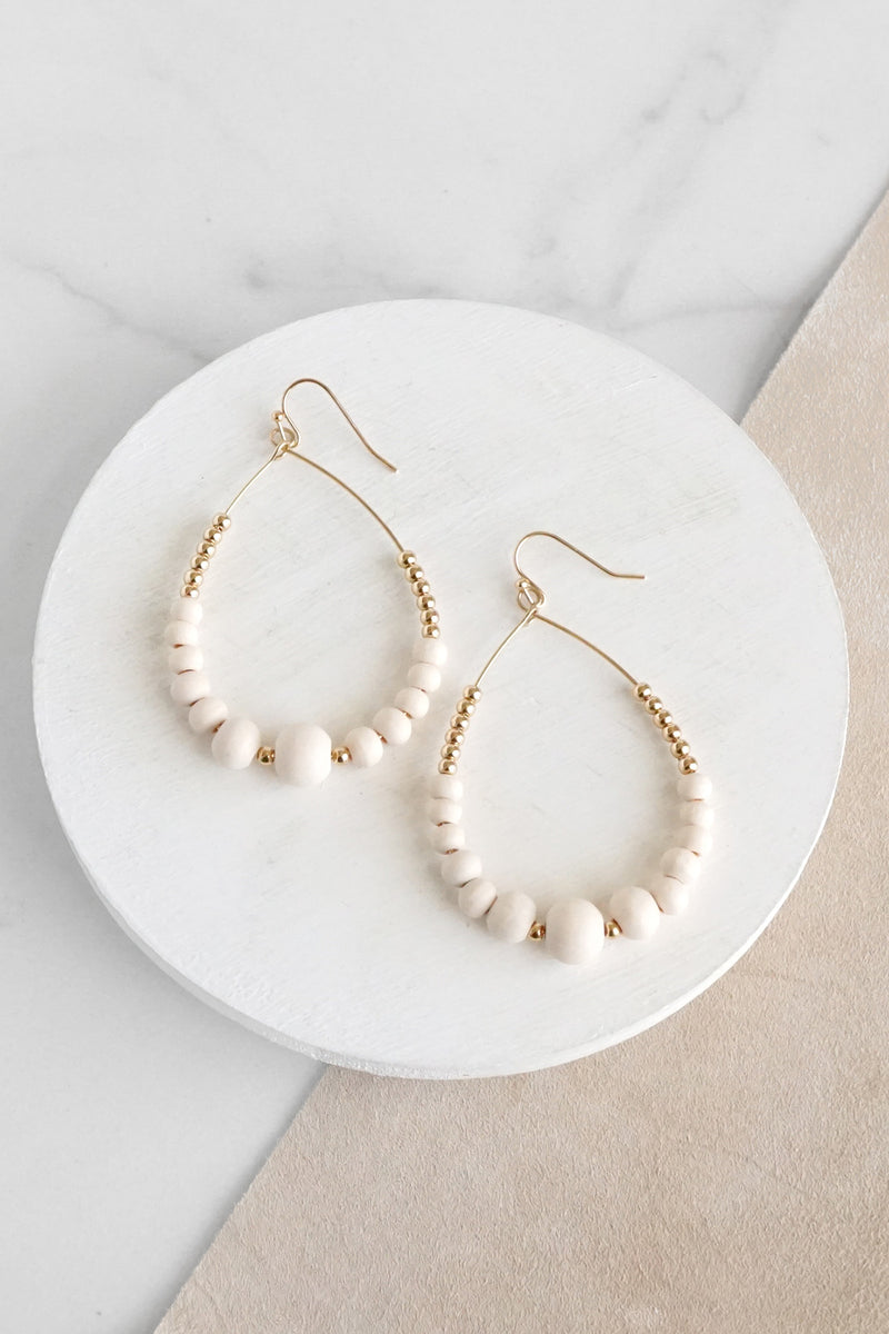 Natural Wood & Gold Beaded Teardrop Hoop Earrings in Cream