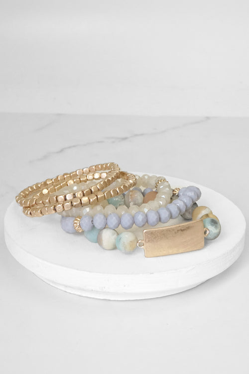 Boho Beaded Bracelets Stack Semi Precious Metal Glass Plaque