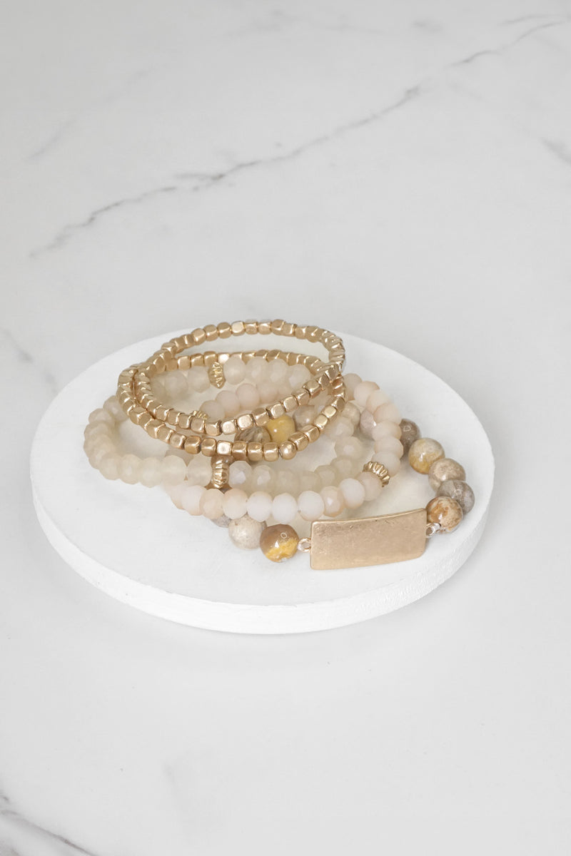 Boho Beaded Bracelets Stack Semi Precious Metal Glass Plaque - Browns