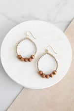 Natural Wood & Gold Beaded Teardrop Earrings in Brown