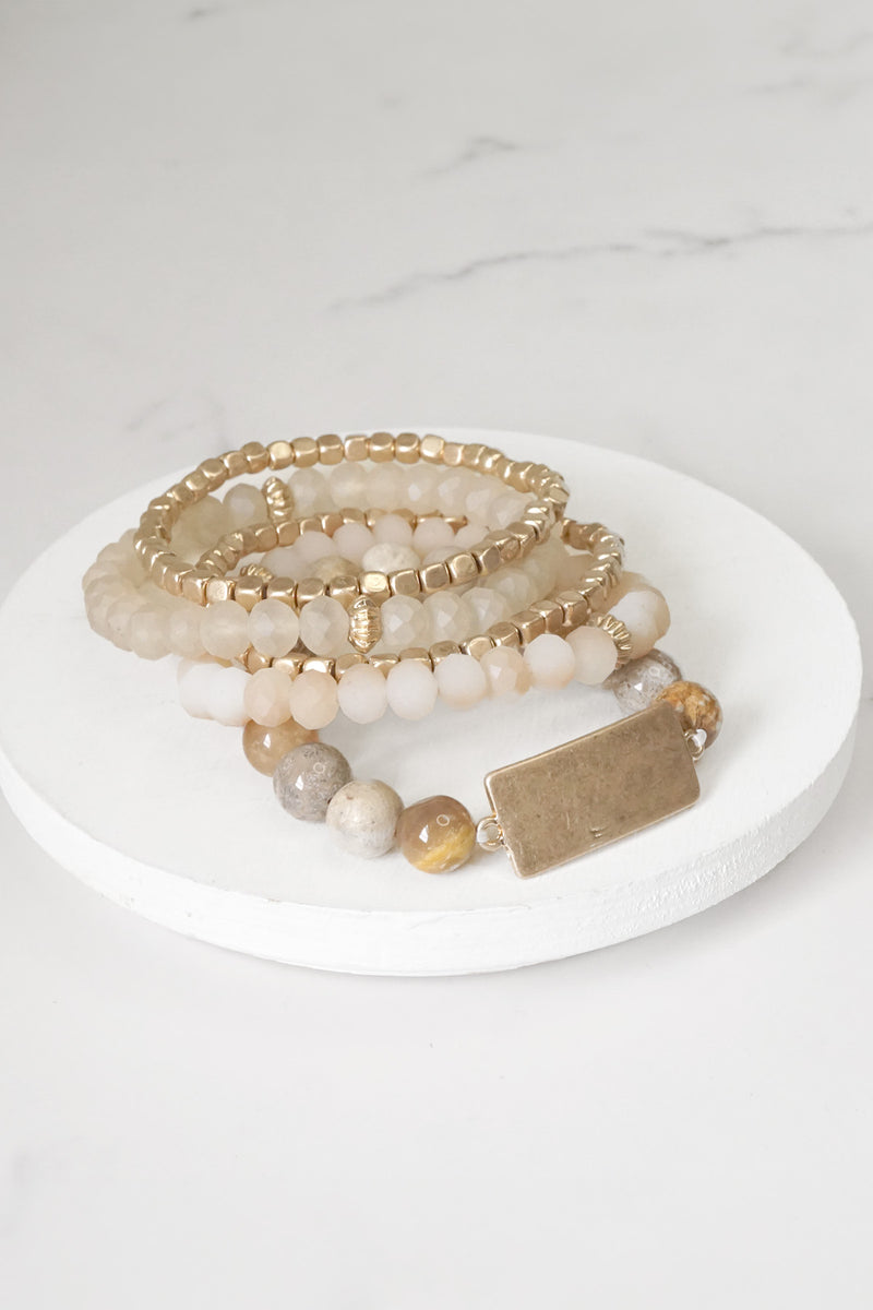 Boho Beaded Bracelets Stack Semi Precious Metal Glass Plaque - Browns