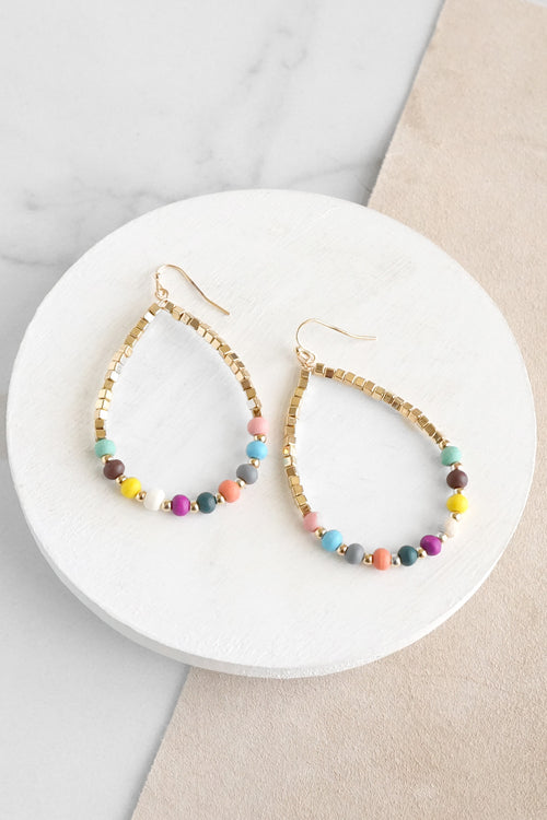 Natural Wood & Gold Beaded Teardrop Hoop Earrings Multi Color