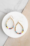 Natural Wood & Gold Beaded Teardrop Hoop Earrings Multi Color