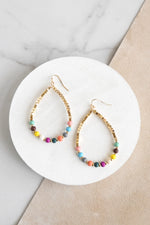 Natural Wood & Gold Beaded Teardrop Hoop Earrings Multi Color
