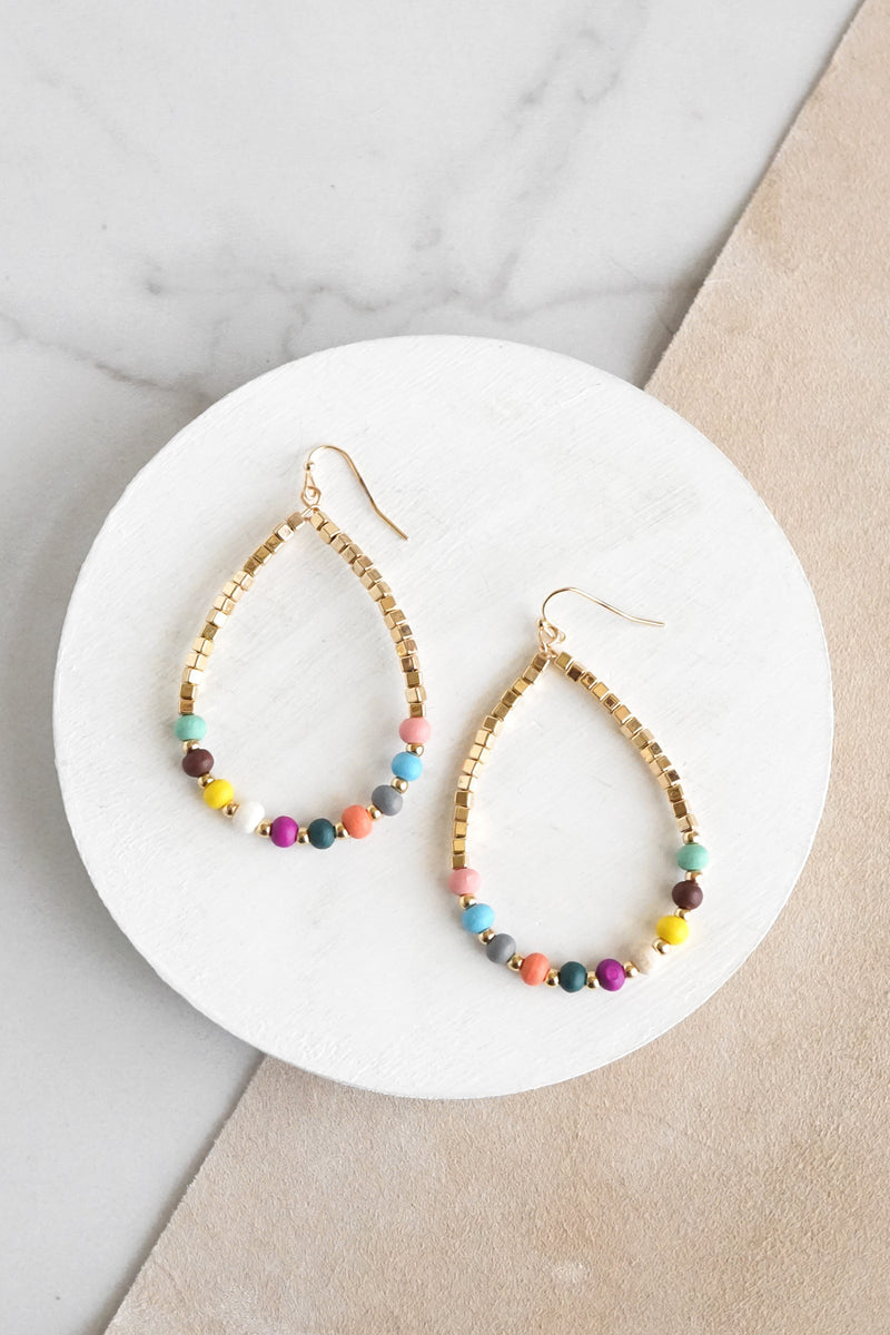 Natural Wood & Gold Beaded Teardrop Hoop Earrings Multi Color