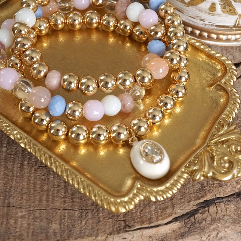 Colorful Beaded Bracelet Set with Oval Charm & Clear Crystal