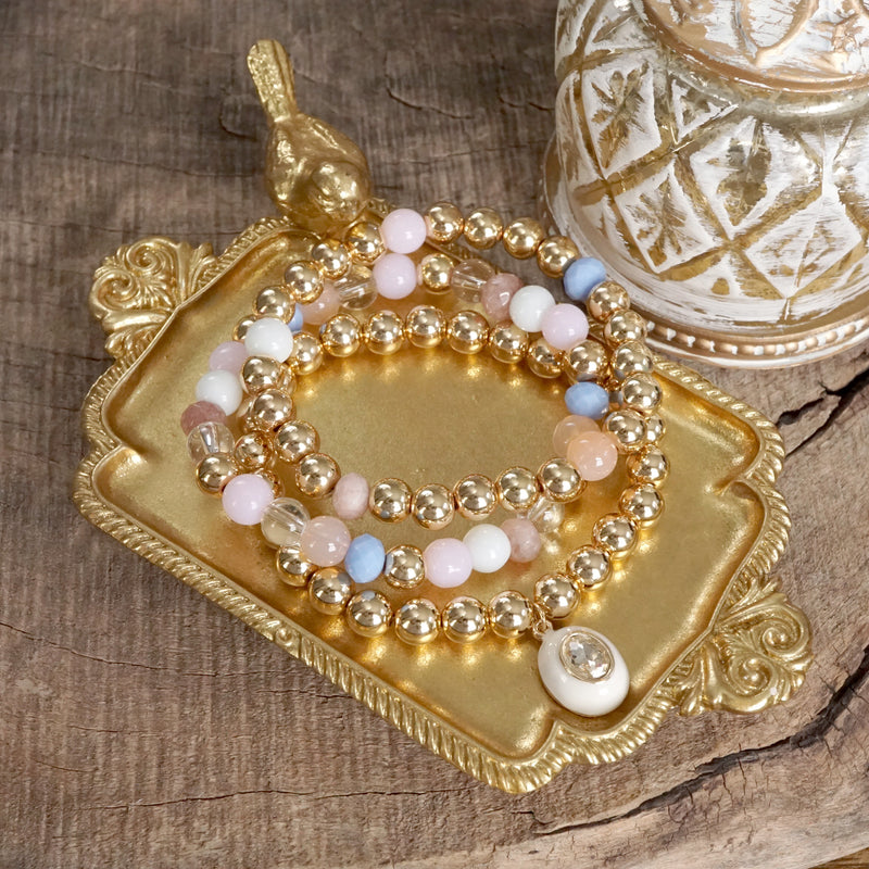 Colorful Beaded Bracelet Set with Oval Charm & Clear Crystal