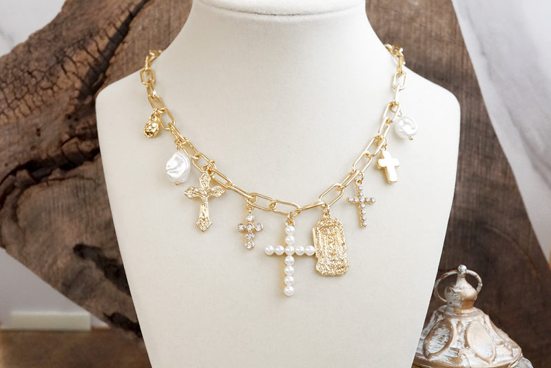 Radiant Faith – Mixed Charm Cascade Necklace in Gold Tone