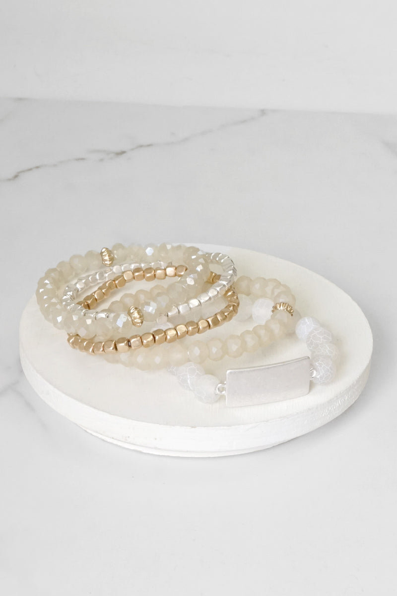 Boho Beaded Bracelet Stack Semi Precious Silver Tone Plaque