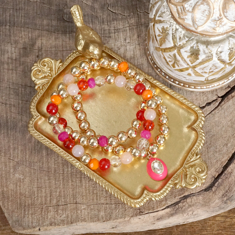 Colorful Beaded Bracelet Set with Oval Charm & Clear Crystal
