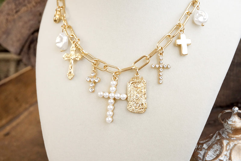 Radiant Faith – Mixed Charm Cascade Necklace in Gold Tone