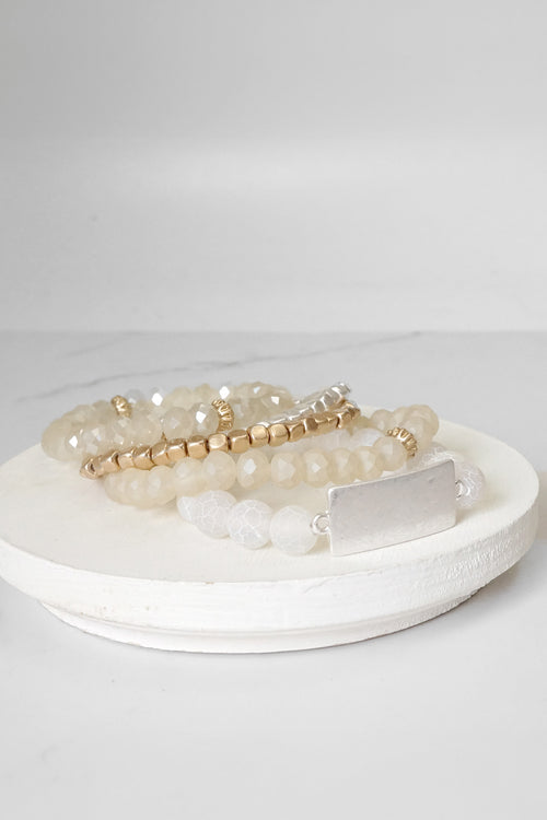 Boho Beaded Bracelet Stack Semi Precious Silver Tone Plaque