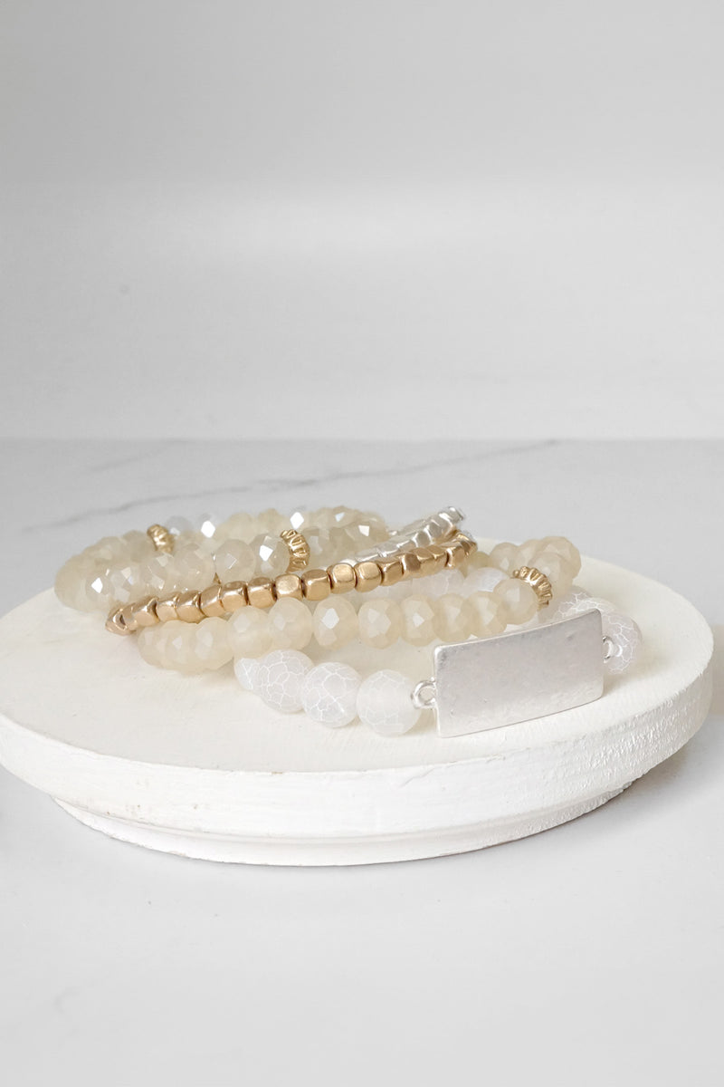 Boho Beaded Bracelet Stack Semi Precious Silver Tone Plaque