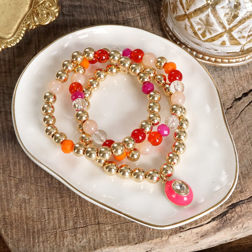 Colorful Beaded Bracelet Set with Oval Charm & Clear Crystal
