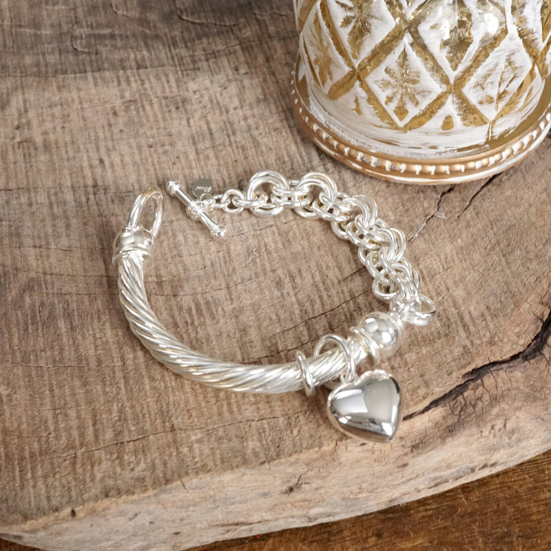Classic Silver Tone Bangle and Toggle Heart Charm Bracelets