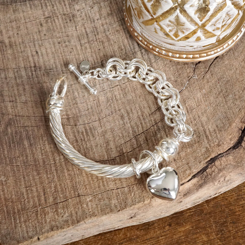 Classic Silver Tone Bangle and Toggle Heart Charm Bracelets
