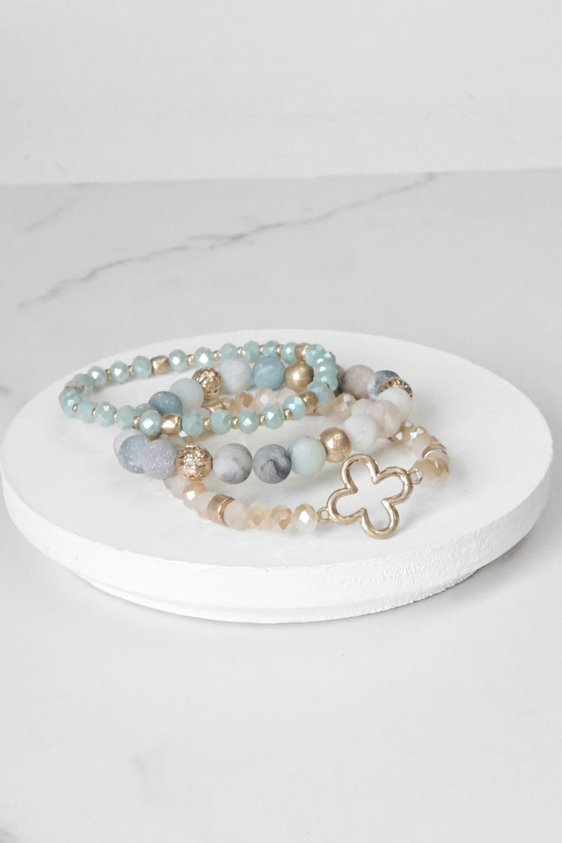 Beaded Bracelet Set Clover Semi Precious Amazonite Metal Glass Beads Gold tone