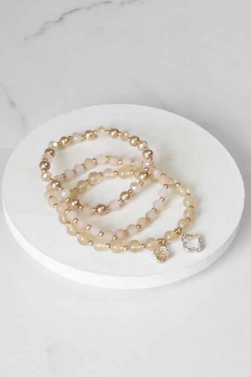 Beaded Bracelet Set Clover Metal Glass Beads Gold tone Neutrals