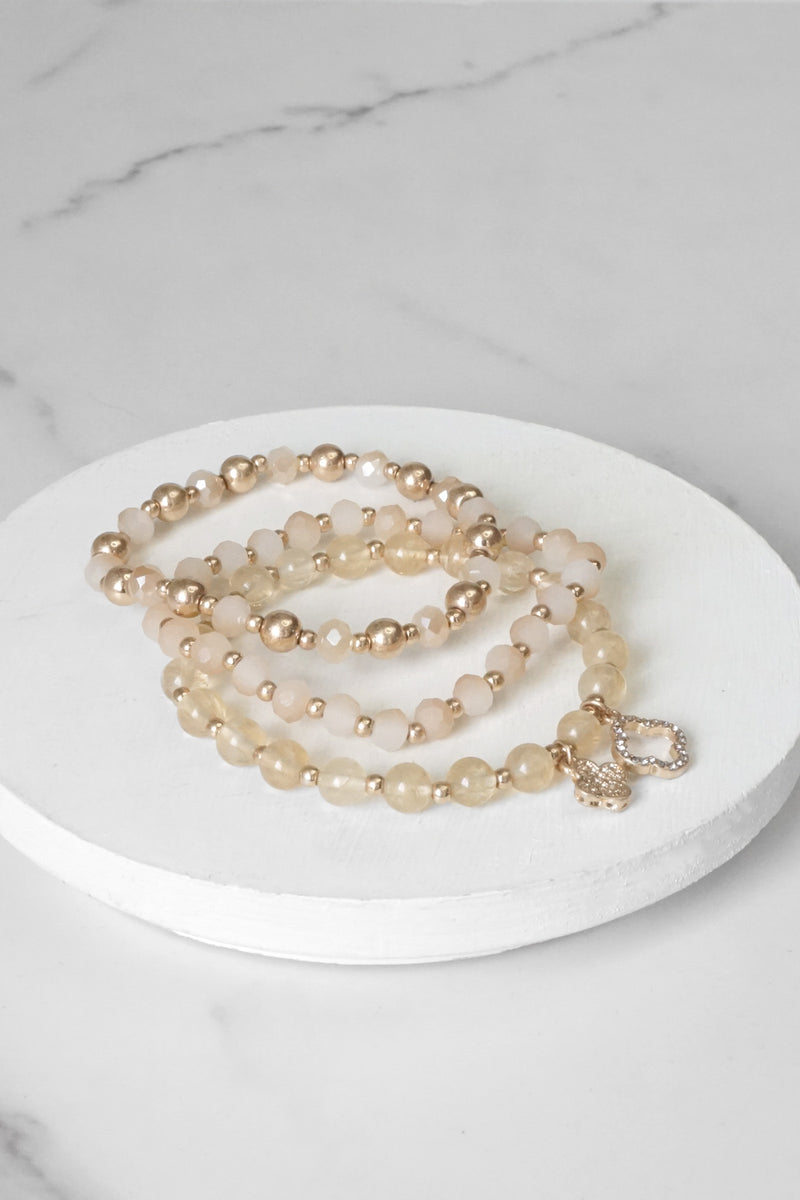 Beaded Bracelet Set Clover Metal Glass Beads Gold tone Neutrals