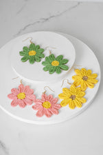 Raffia Flower Earrings Pink Green Yellow